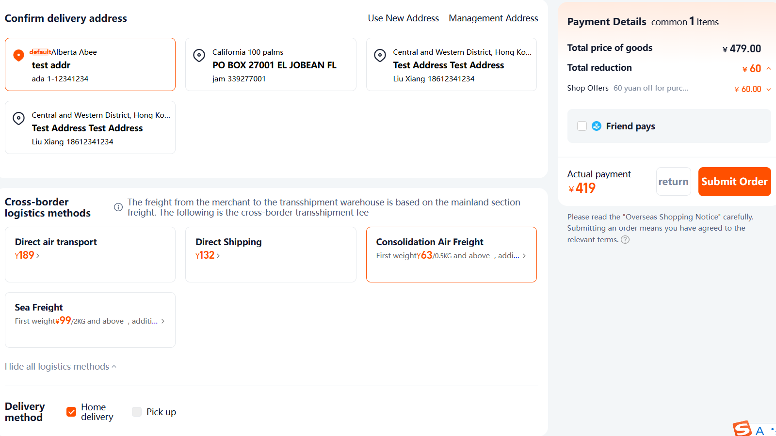 Shipping options screenshot